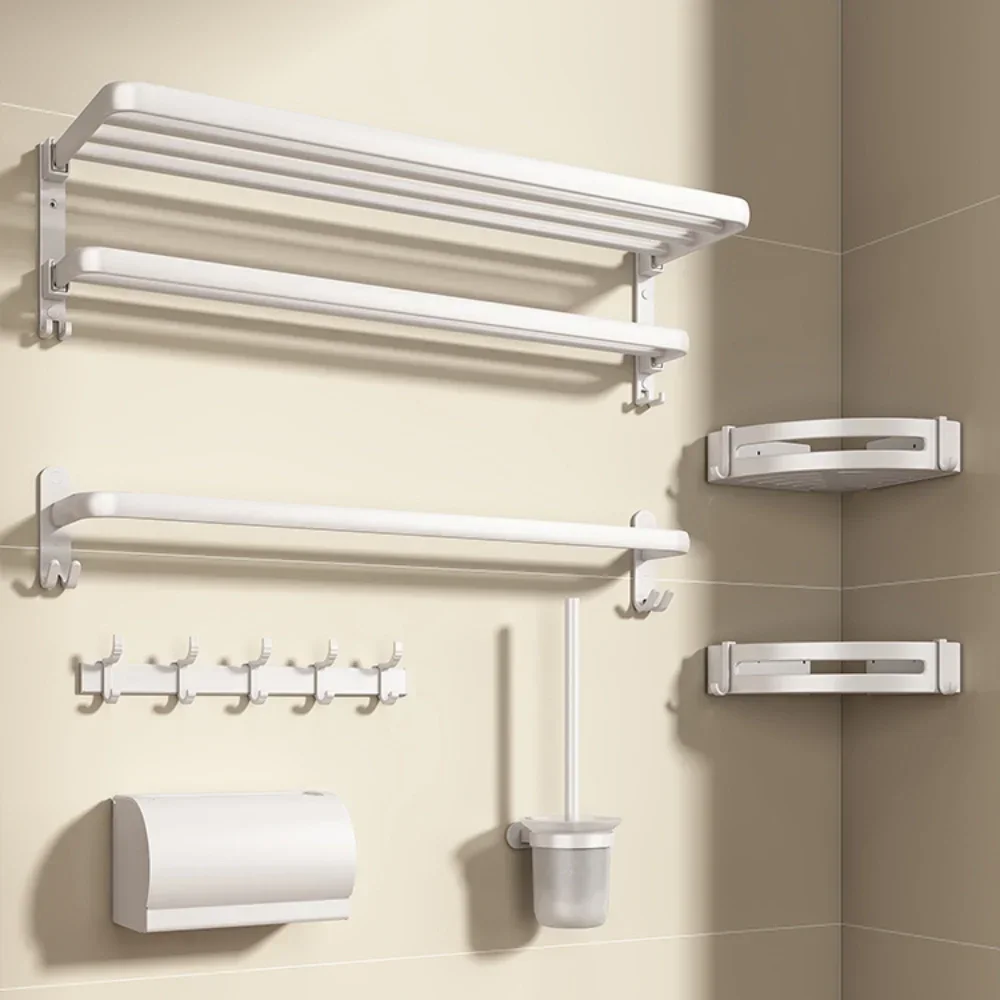 Space Aluminum White Color Towel Rack Bathroom Double Corner Shelves Towel Bars Paper Box Toilet Brush Holders Bathroom Hardware