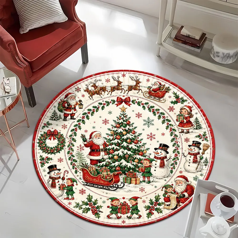 1pc 2D Flat Vintage Santa Christmas Round Rug, Christmas Tree Snowman Print Non Slip Washable Mat for Living Room Bedroom Chair