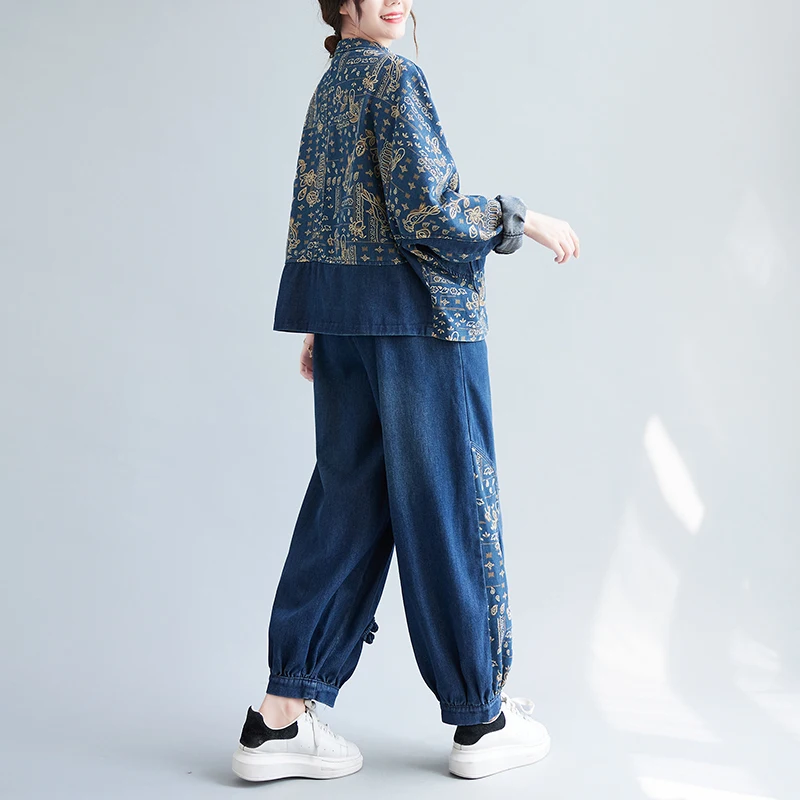 

Autumn Faion Korean Sle plus Size Conceal Meat Anti-Aging Button Printed Denim Set Women Two-Piece Set Ele