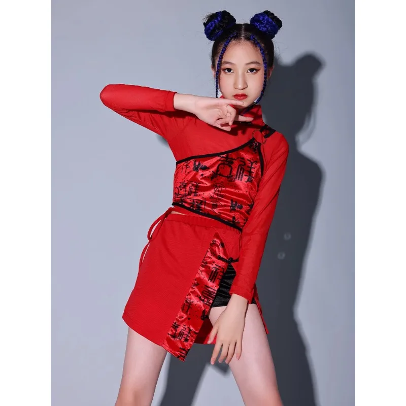 June 1 China-Chic Girls' catwalk costume t stage Children's wear domineering children's red jazz dance set