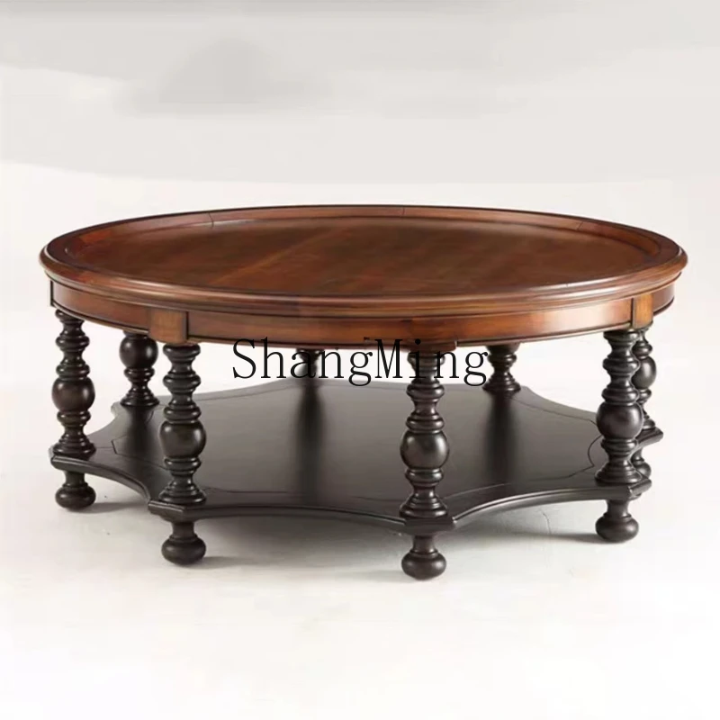 

FG retro solid wood coffee table round tea table short coffee table furniture