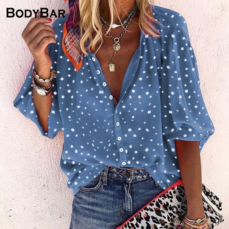 

Casual Polka Dot Printed Shirt Spring V-neck Three-quarter Sleeve Single-row Button Blouse Chiffon Large Size Shirts Female Tops