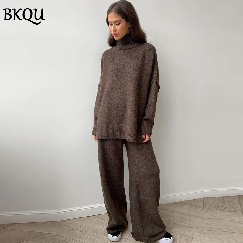 BKQU Women\'s Knitted Two Piece Pants Set 2024 Autumn Winter Turtleneck Sweater and Wide Leg Long Pants Matching Homewear Suits