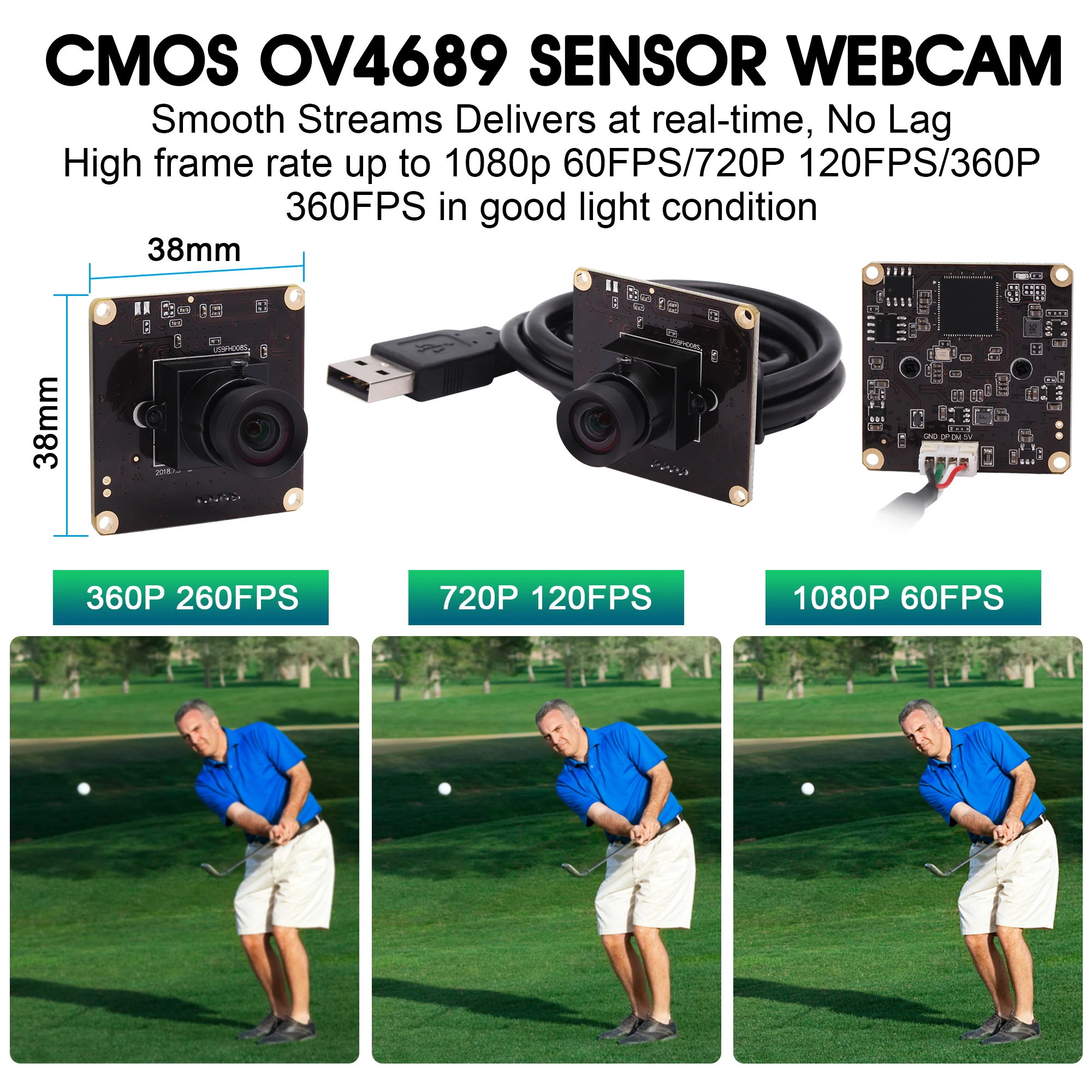 2MP High Speed USB Camera Module 260FPS@360P 120FPS@720P 60FPS@1080P OV4689 UVC High Frame Webcam Module for Golf Simulator