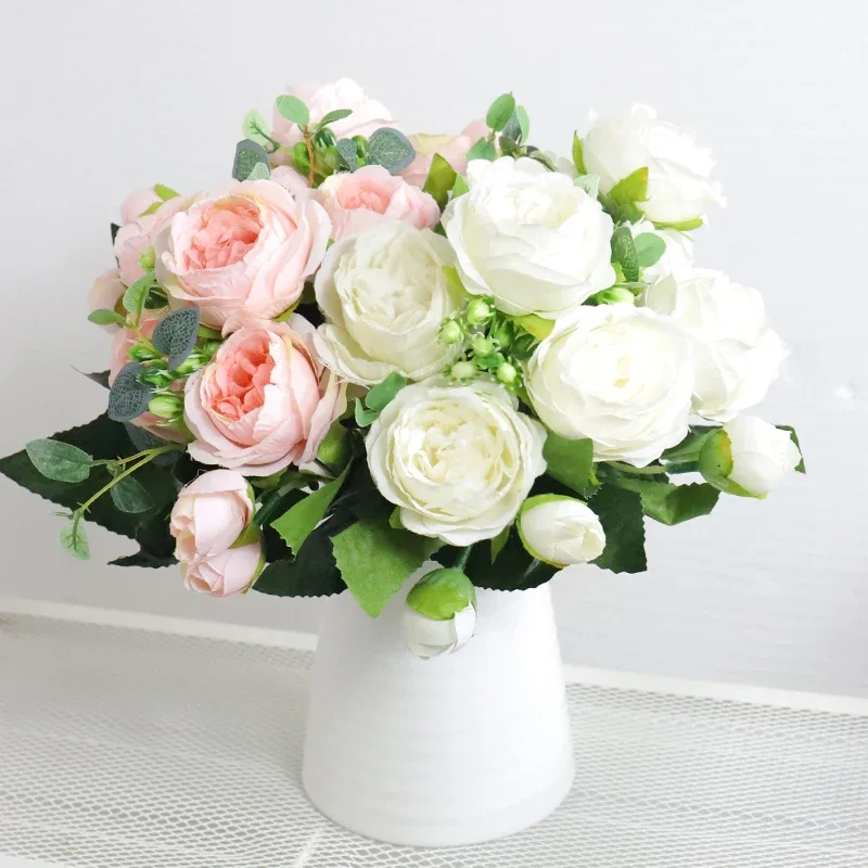 High Quality Artificial Flowers Peony White Pink Rose Bouquet Home Wedding Decoration Fake Flowers Craft Living Room Arrangement