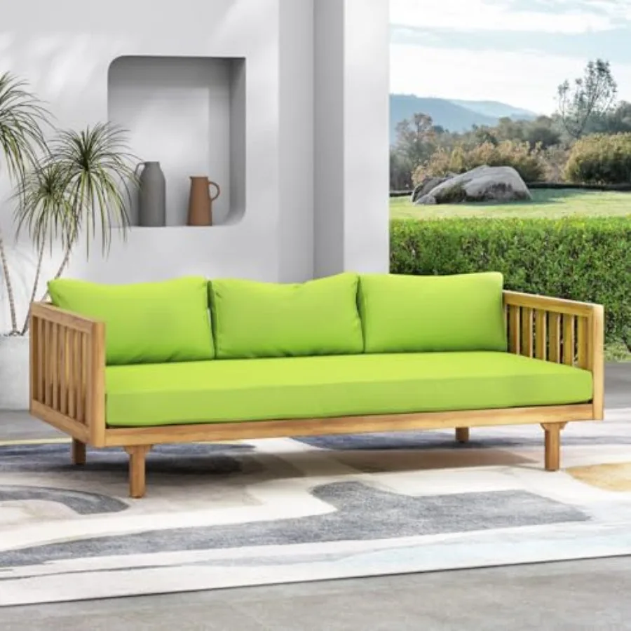 

Уличная трехместная кушетка из акации с водостойкими зелеными подушками для патио, двора и сада