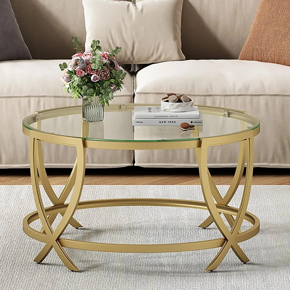 

Round Coffee Table for Living Room, Gold Coffee Table with Tempered Glass & Metal Frame, Modern Glass Living Table for Home