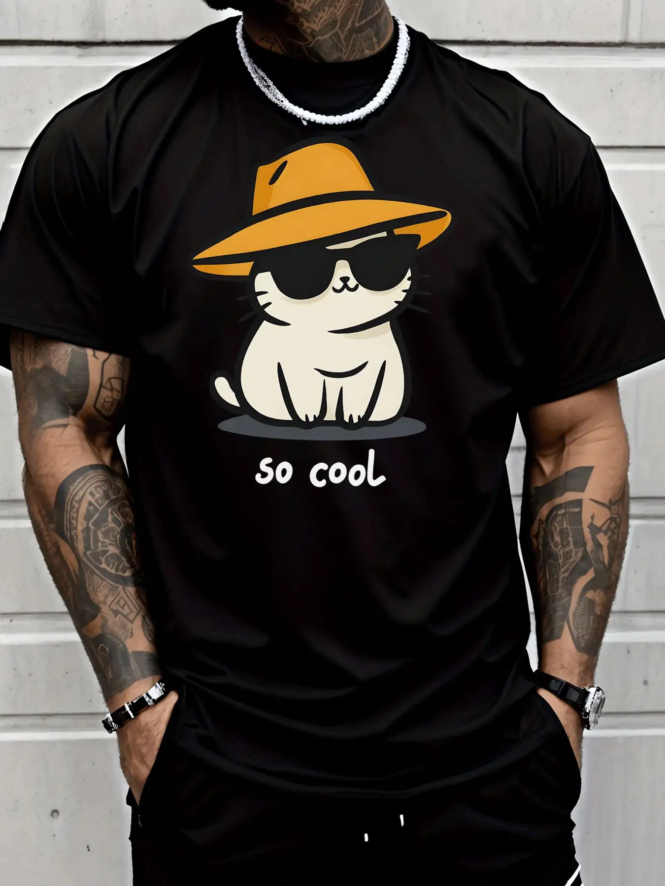 Men Black Crew Neck Tee Cute White Cartoon Cat With Yellow Wide Hat Sunglasses So Cool Text Funny Pet Lover Casual Cotton Tops