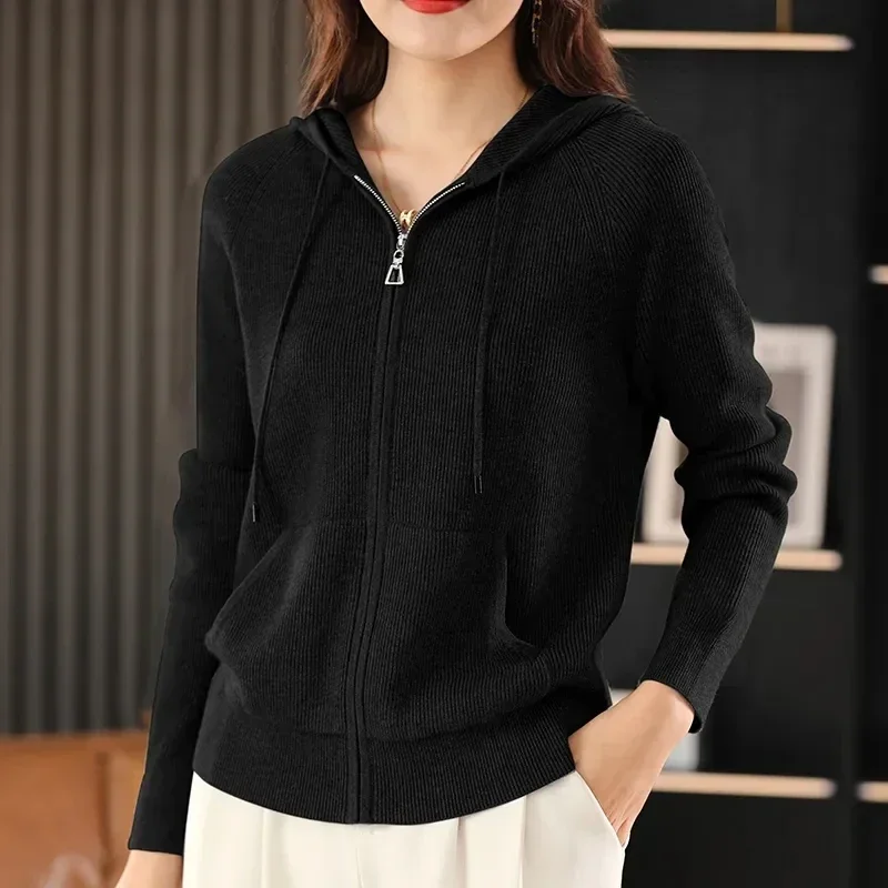 2024 Autumn Winter Zipper Hooded Cardigan Sweater Jacket Women Korean Loose Knitted Sweater Casual Coat Female Tops L205