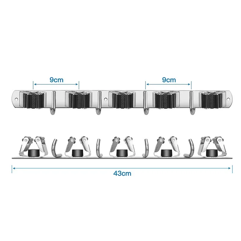 Rust Proof 5 Racks 4 Hooks Sturdy Stainless Steel Space Saving Mop and Broom Holder