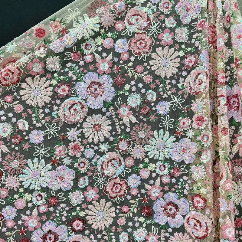 

1yard cheongsam dress accessories fabric for material Luxurious Heavy industry flower sequin embroidery fabrics