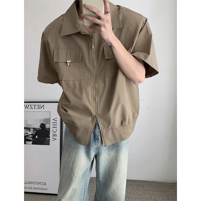 

2024 Summer Plankton Niche Design Sense of High Street Zipper Short-sleeved Men's Fashion Brand American Thin Loose Shirt Jacket