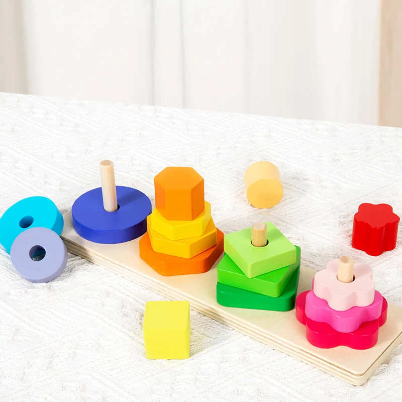 لعبة تراص خشبية لفرز الأشكال بأربعة أعمدة - مناسبة للمهارات الحركية الدقيقة للأطفال الصغار والتعرف على الشكل/اللون #4