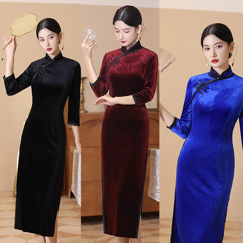 

Новое осенне-зимнее женское бархатное платье Cheongsam в китайском стиле, женское длинное платье больших размеров, винтажное вечернее платье Ципао с длинными рукавами