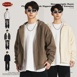 ZODF New Winter Men Zipper Fleece Hoodies Unisex Loose Heavy Weight Thick Warm Basic 420gsm Hooded Coats Hoodie HY0747
