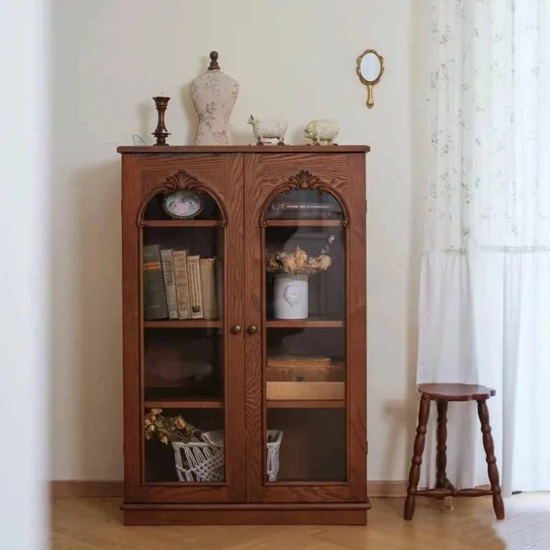 French retro solid wood carving flower double door glass display cabinet Italian simple household dining side cabinet