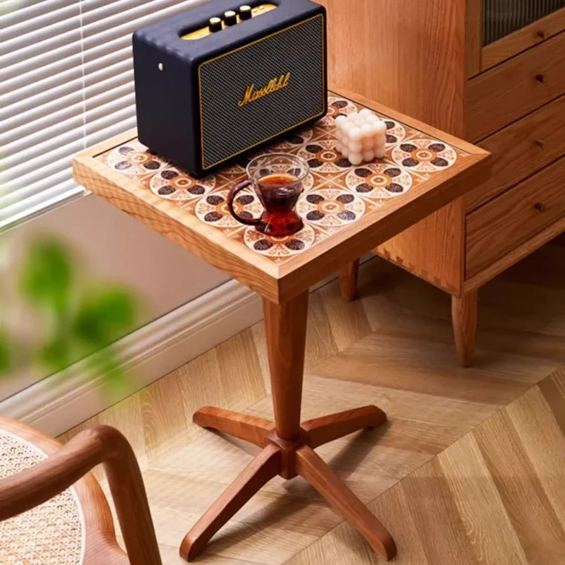 Vintage Cherry Wood Side Table Nordic Square Tea Table with Floral Mosaic Round Coffee Accent Table for Sofa Homestay End Tables