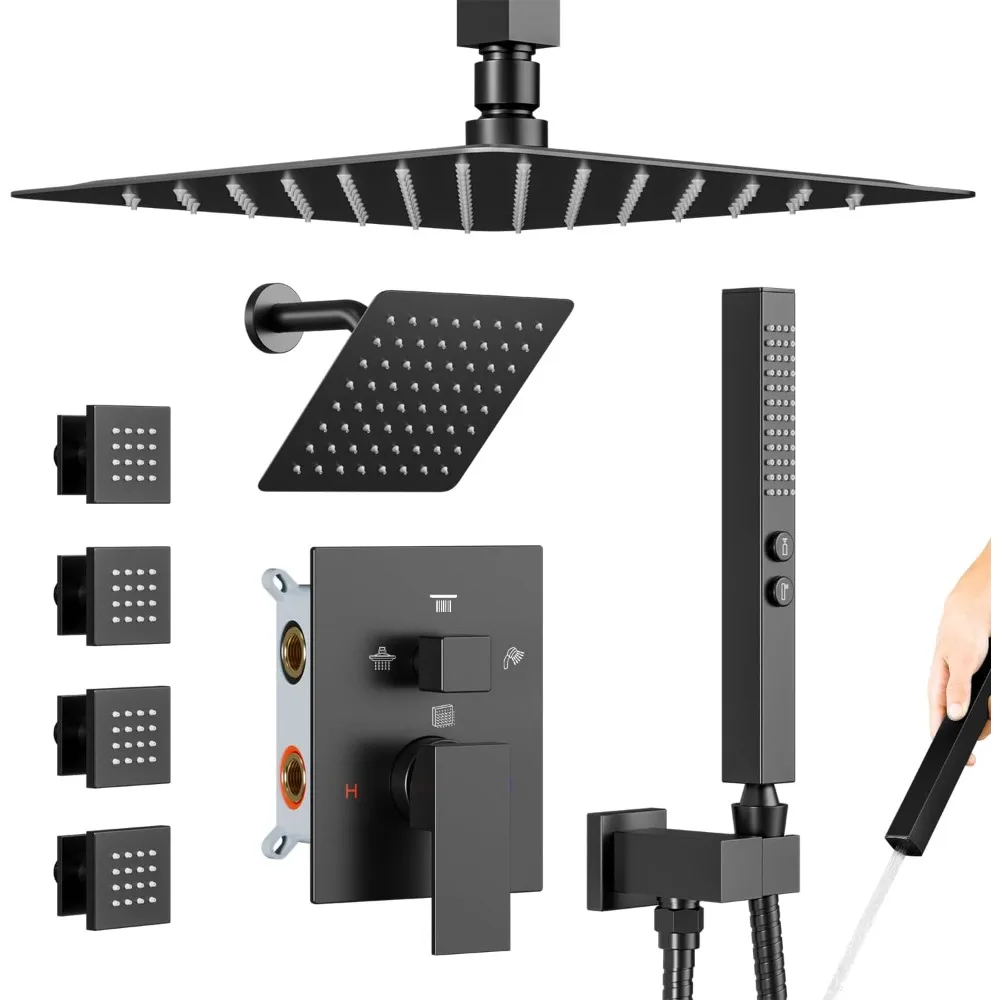 

Matte Black Shower System with Four-Mode Showerhead, 2-in-1 Handheld and 10 Inch Ceiling Mount Shower