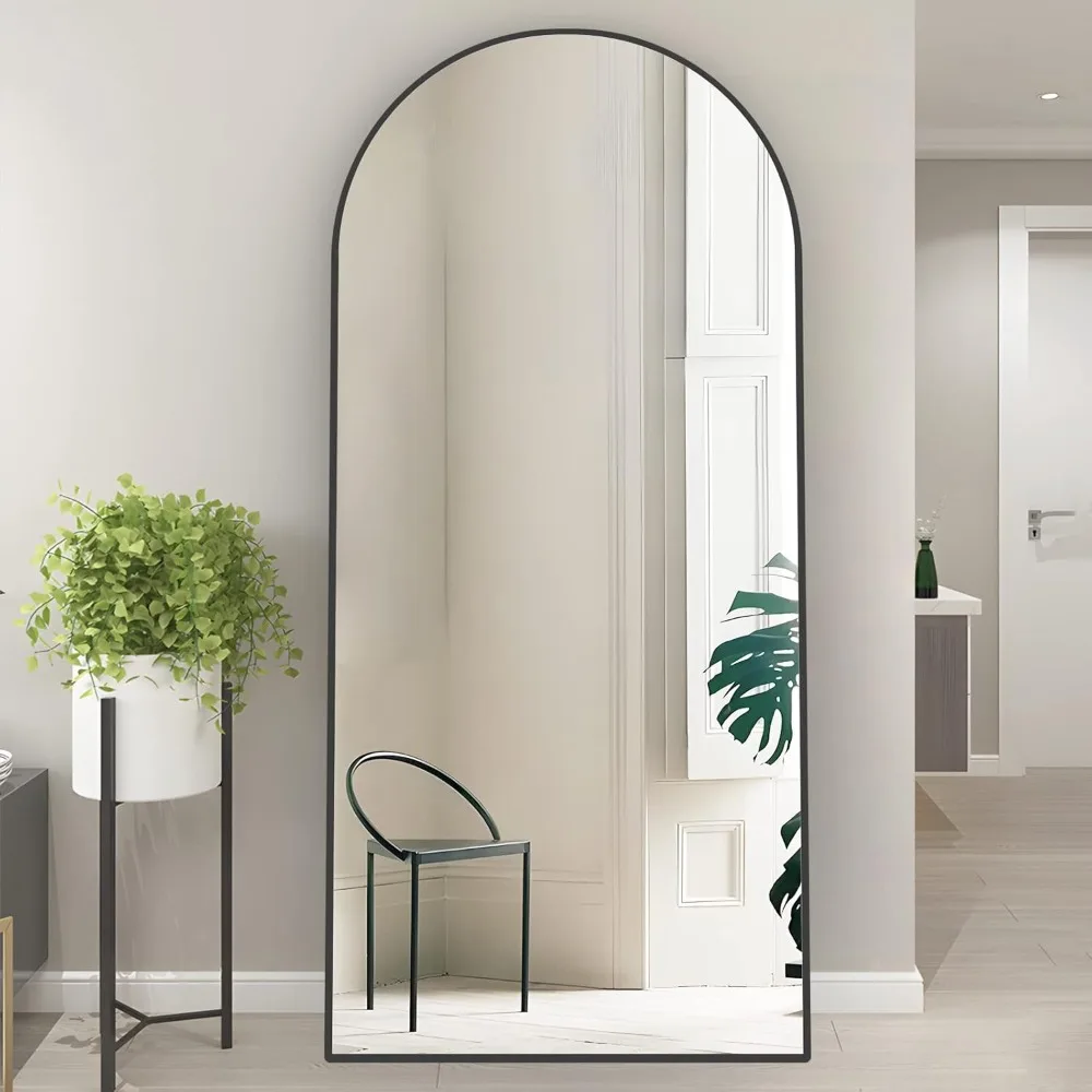 กระจกตั้งพื้นทรงโค้งสีดำขนาดใหญ่ 65x24 นิ้ว พร้อมฐานตั้ง, กระจกติดผนังแบบเต็มตัวสำหรับใช้ในบ้าน สามารถแขวนหรือวางพิงได้ เหมาะสำหรับมองภาพเต็มตัว