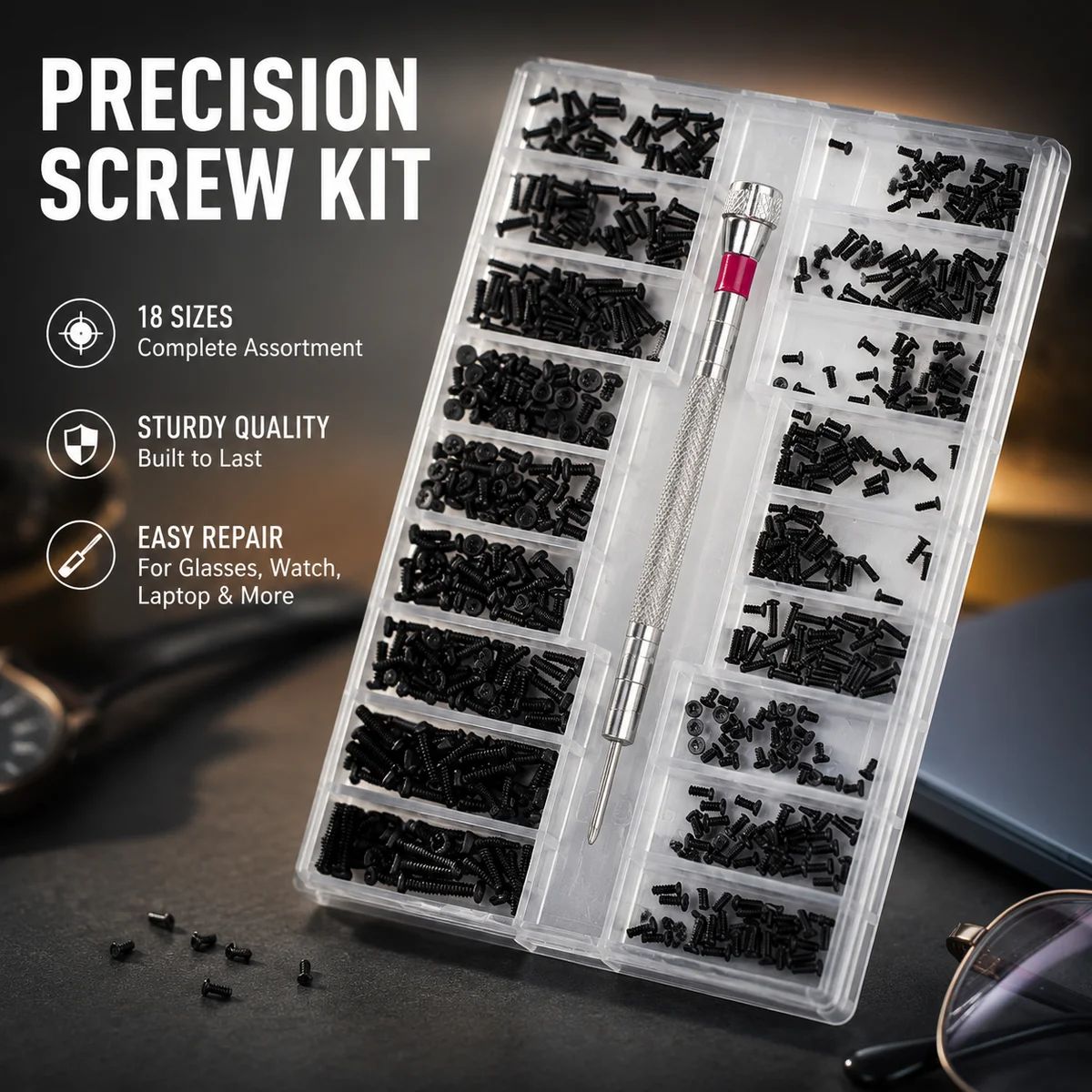 18 Sizes Precision Tiny Screw Kit with Mini Screwdriver, Black Micro Screws Assortment for Glasses Watch Laptop Repair
