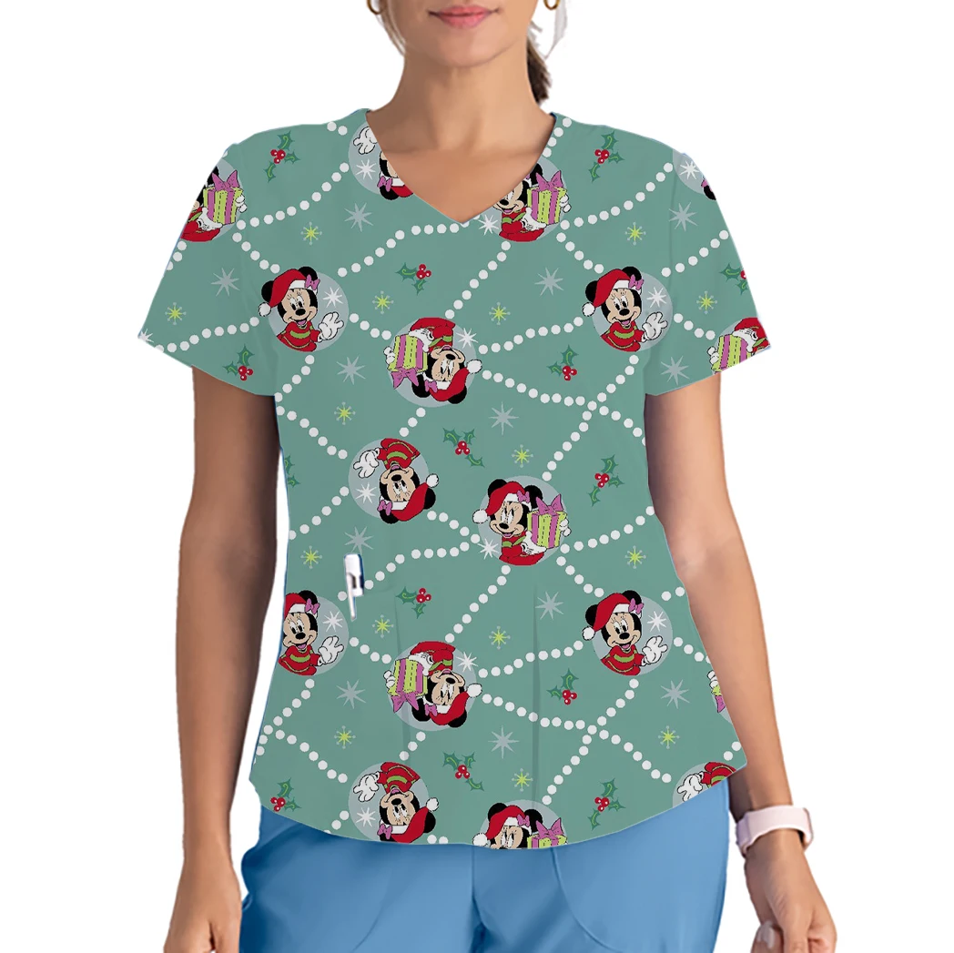 Women's Short Sleeve V Neck Top Nurse Uniform Work Shirt Disney Minnie Mickey Print Pocket Overalls Christmas Gift Nurse Uniform