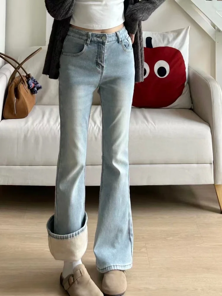 Hoge Taille Fce Gevoerde Thiened Micro Flared Jeans Vrouwen Winter Plus Size Vet MM Denim Broek Hoge Taille Cover Hip Klein Formaat