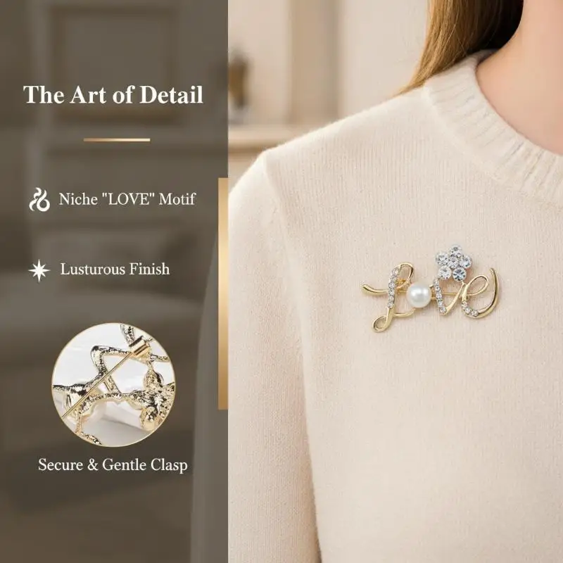 Sparkly Pearl Love Letter Brooch Rhinestone Crystal Lapel Pin for Women Suitable for Coat Scarf Hat Decoration