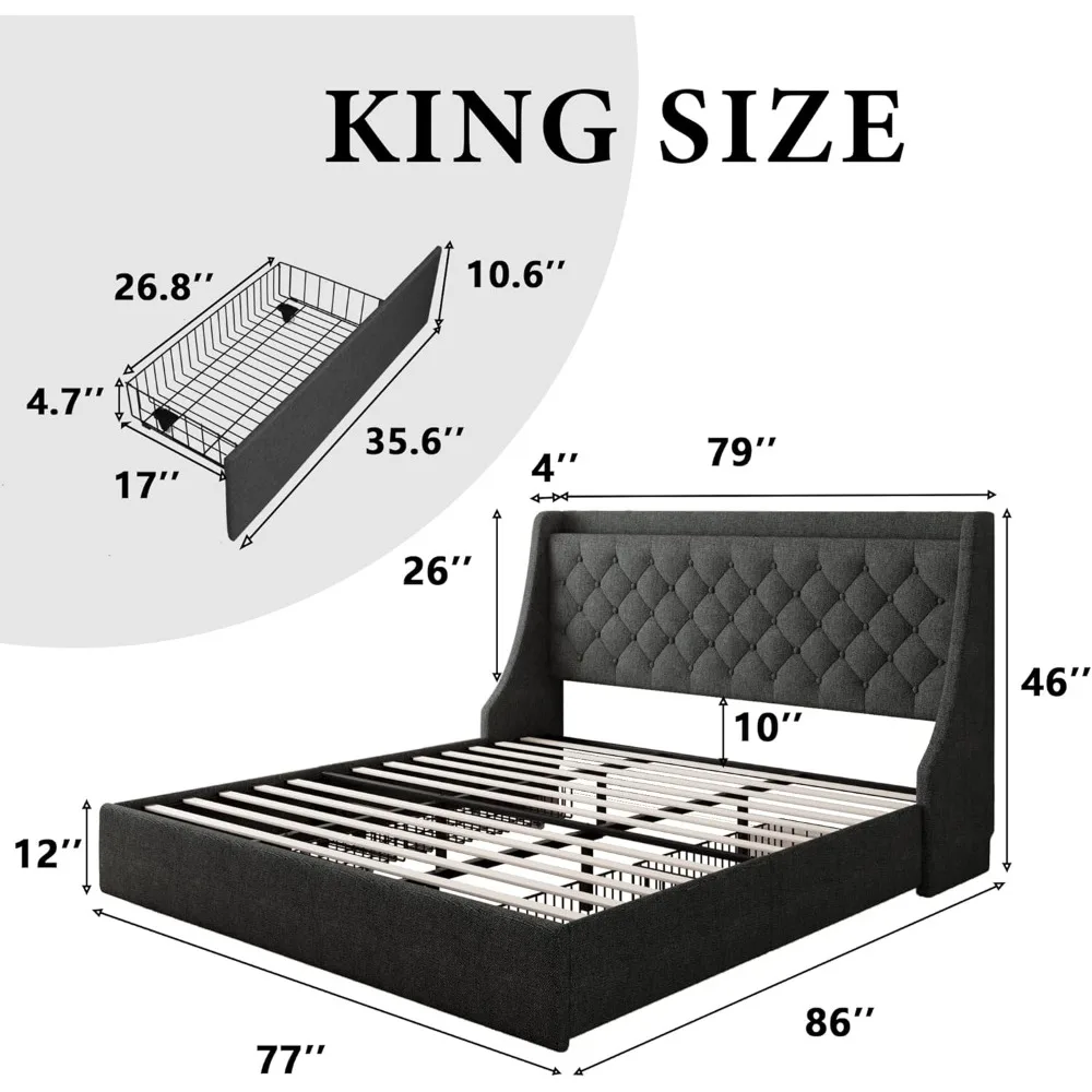 Bed Framewith 4 Storage Drawers, Upholstered Platform Bed Frame with Type-C USB Ports, Wingback Storage Headboard, No Box Spring