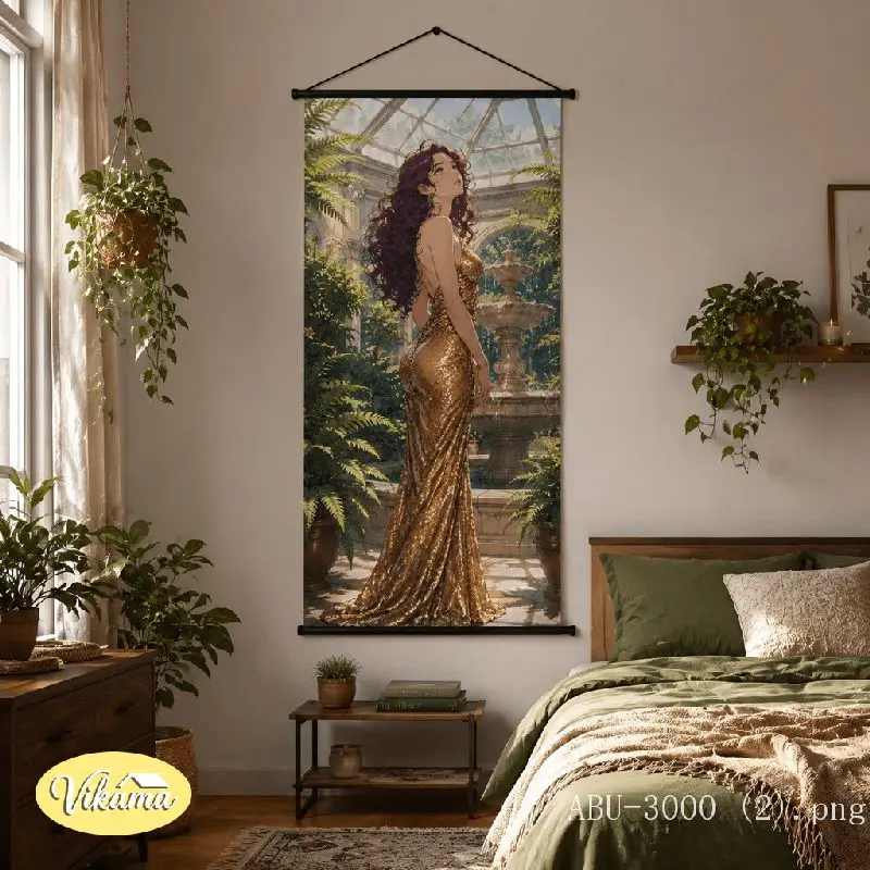 VIKAMA Elegant Woman Golden Gown Tapestry Greenhouse Fountain Botanical Art Wall Hanging Bedroom Living Room Home Decor