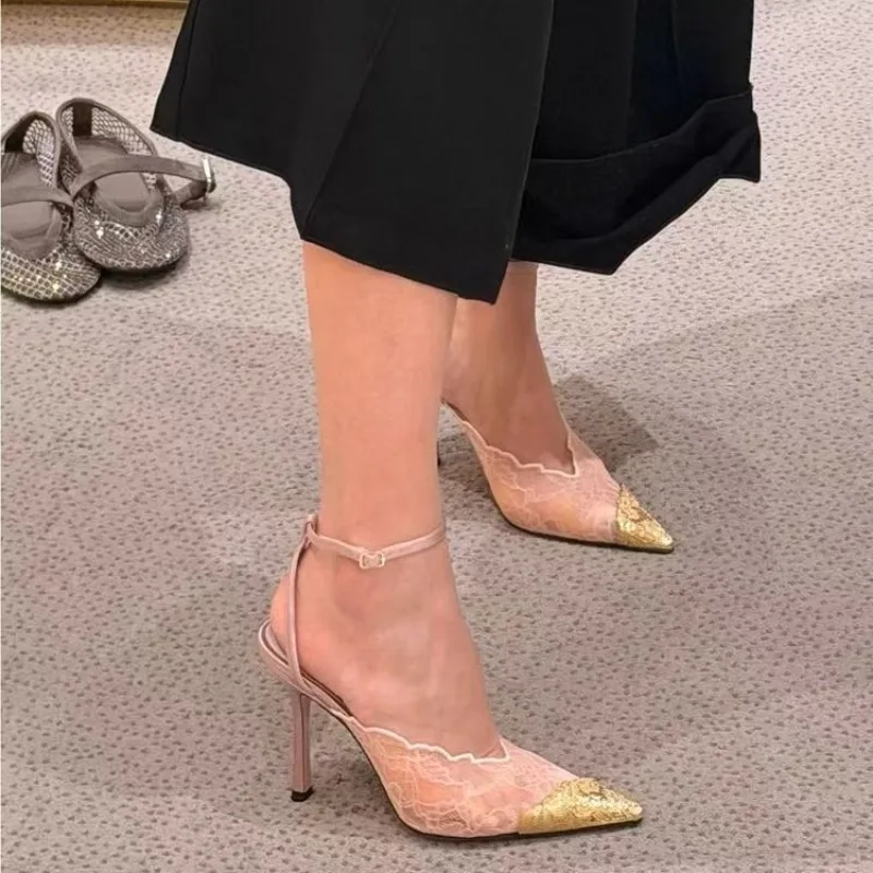 

Black Lace High Heels 2026 Summer New Shallow Mouth Slim Heel Pointed Fashion Sexy Temperament Versatile Party Shoes