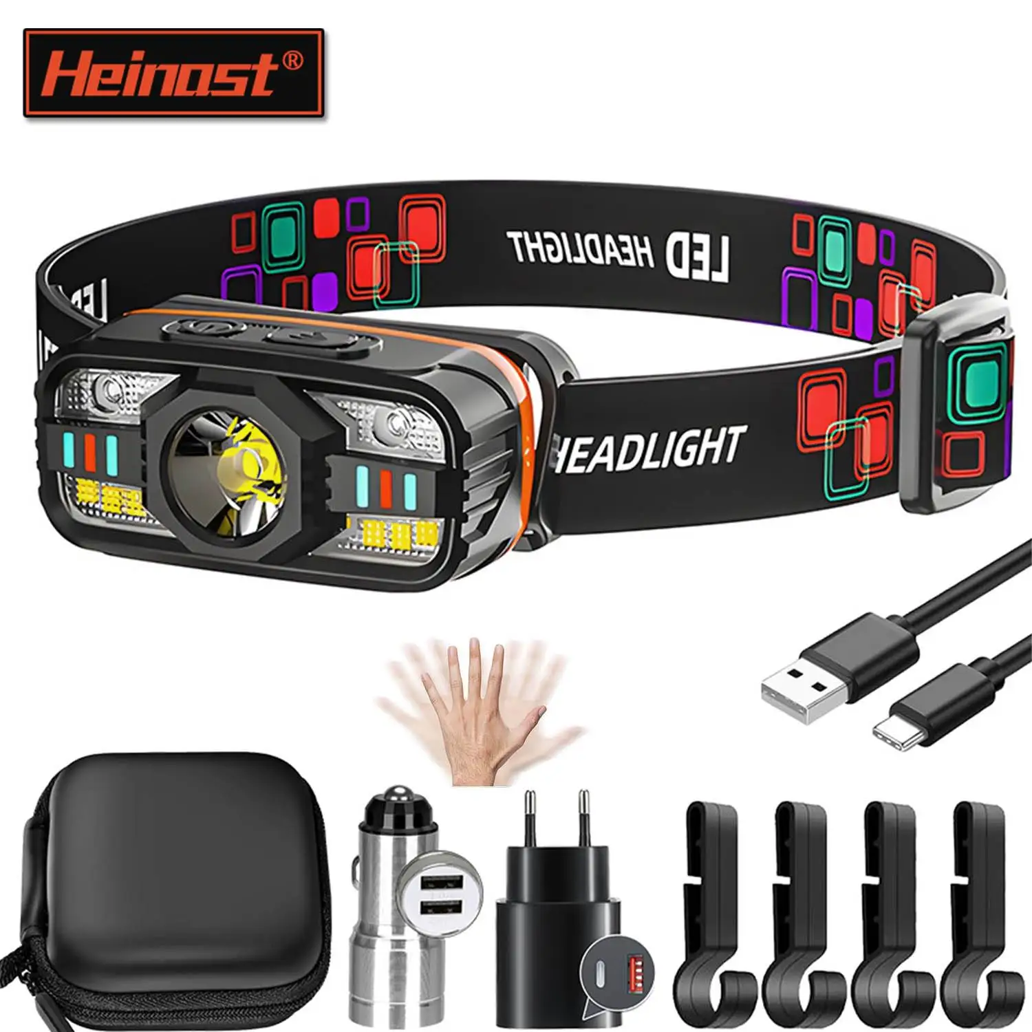 Heinast Portable LED Headlamp USB Rechargeable Light with Built in Battery Waterproof Fishing Head Torch Outdoor Camping Lantern