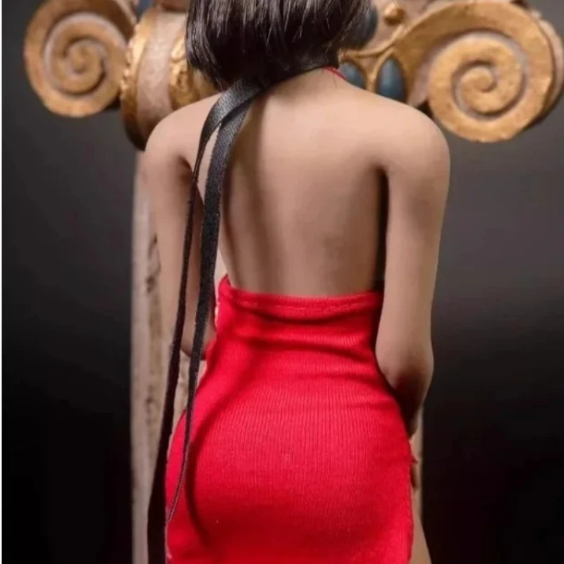 

1/6 Женский солдат, красное платье Cheongsam с открытой спиной и принтом, длинное платье-комбинация с высокой вилкой для 12 дюймов, модель куклы с большой грудью PH Body