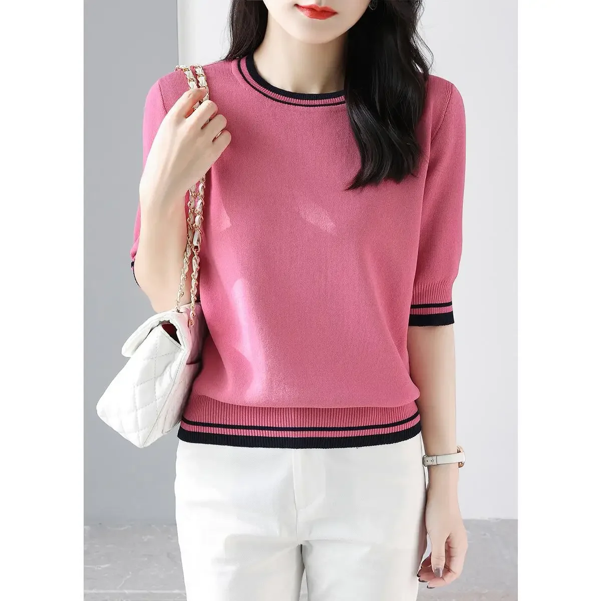 Summer O Neck Patchwork Knitting Pullover Top Women Short Sleeve Casual Fashion Simple Tees Female Loose All-match T-shirt B72