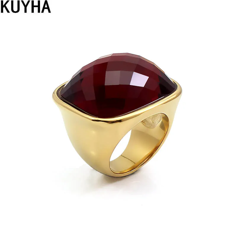 Red Big Glass Stone Rings Stainless Steel Square Large Rings Finger Decoration for Women Ladies Wedding Parties