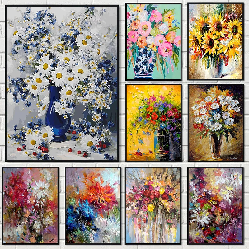 Abstract Watercolour Blue Orange Flower Oil Painting on Diamond Poster and Print Picture Wall Art Cuadros Home Room Decoration