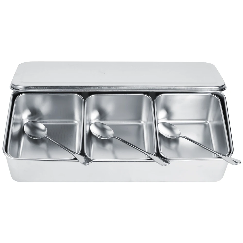 Household 3‑Grid Stainless Steel Seasoning Box Jar Spice Container Set with Spoons Cover Seasoning Jars Organizer Storage Boxes