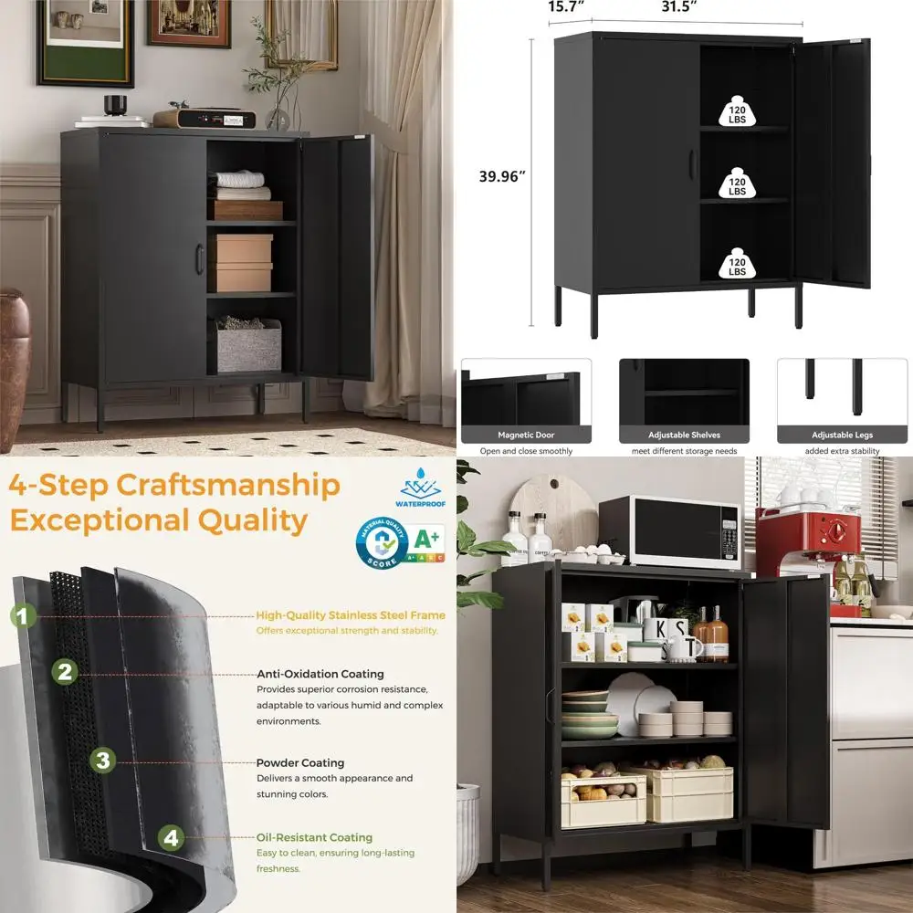 

Металлический шкаф для хранения с двумя дверцами и 4 полками, высота 39,96 дюйма, идеально подходит для офиса, ванной комнаты, дома, гаража, спортзала, школы (черный)