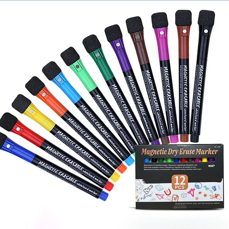

Magnetic Dry Erase Markers 12 Colors Erasable Whiteboard Markers Fine Point with Eraser Cap Low Odor White Board Dry Erase Pens