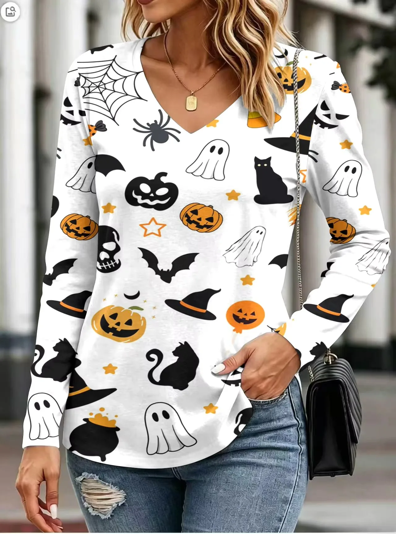 Women’s Casual Tops Street Style Halloween Pumpkin Head Funny 3D Print Women’s Loose V-Neck Long Sleeve T-Shirt Holiday T-Shirt 5 Women's Casual Tops Street Style Halloween Pumpkin Head Funny 3D Print Women's Loose V-Neck Long Sleeve T-Shirt Holiday T-Shirt 5