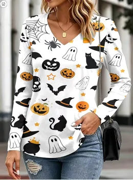 Women's Casual Tops Street Style Halloween Pumpkin Head Funny 3D Print Women's Loose V-Neck Long Sleeve T-Shirt Holiday T-Shirt 5 Women's Casual Tops Street Style Halloween Pumpkin Head Funny 3D Print Women's Loose V-Neck Long Sleeve T-Shirt Holiday T-Shirt 5