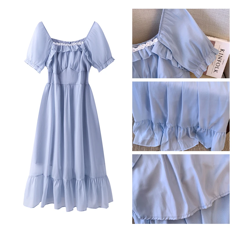 Plus size women summer casual French dress Polyester mesh fabric lace lace with ruffles decorative style comfortable lady dress