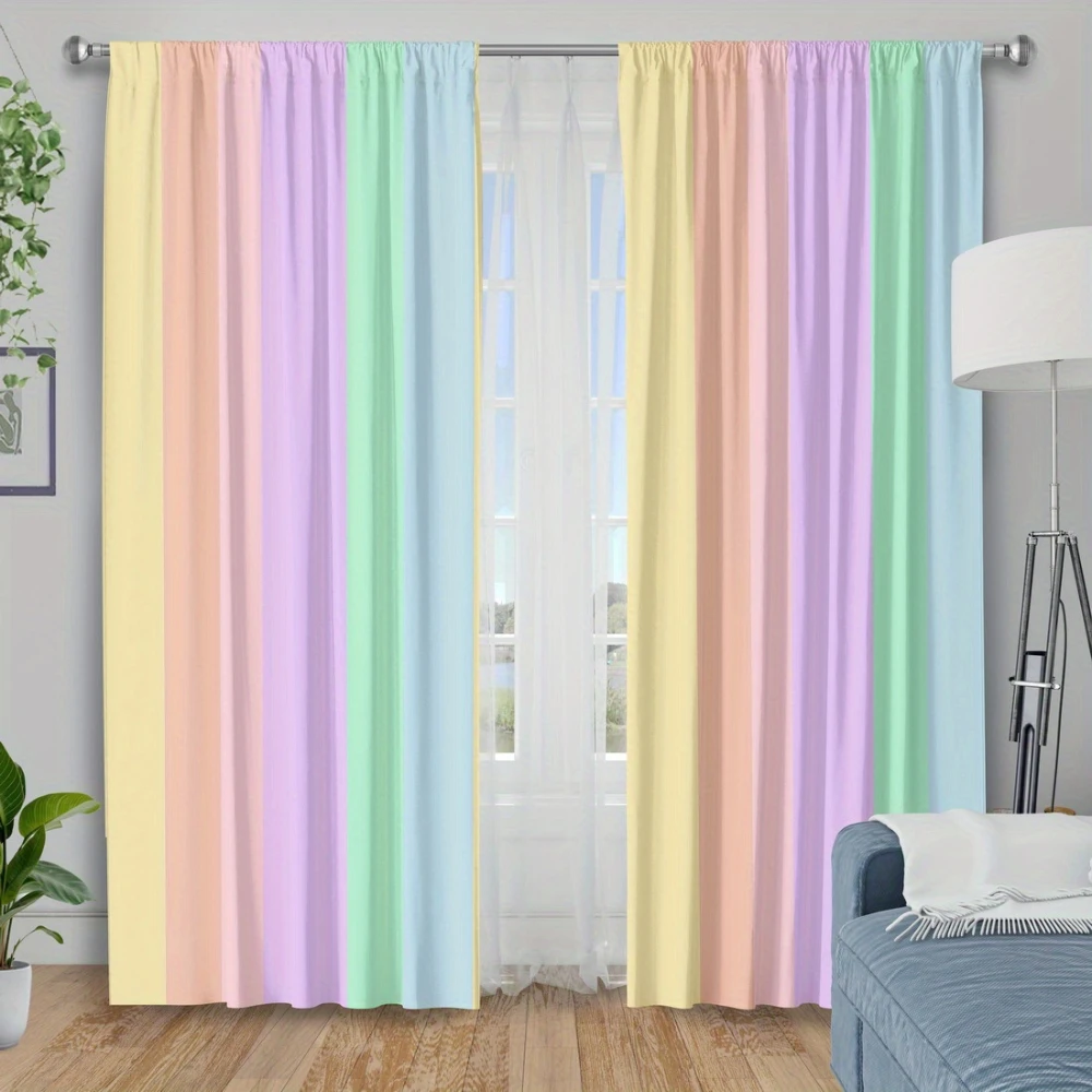 Pastel Rainbow Stripe Macaron Color Curtains, Rod Pocket, Polyester, Home Decor, Bedroom Living Room, Colorful Decor, Home Decor