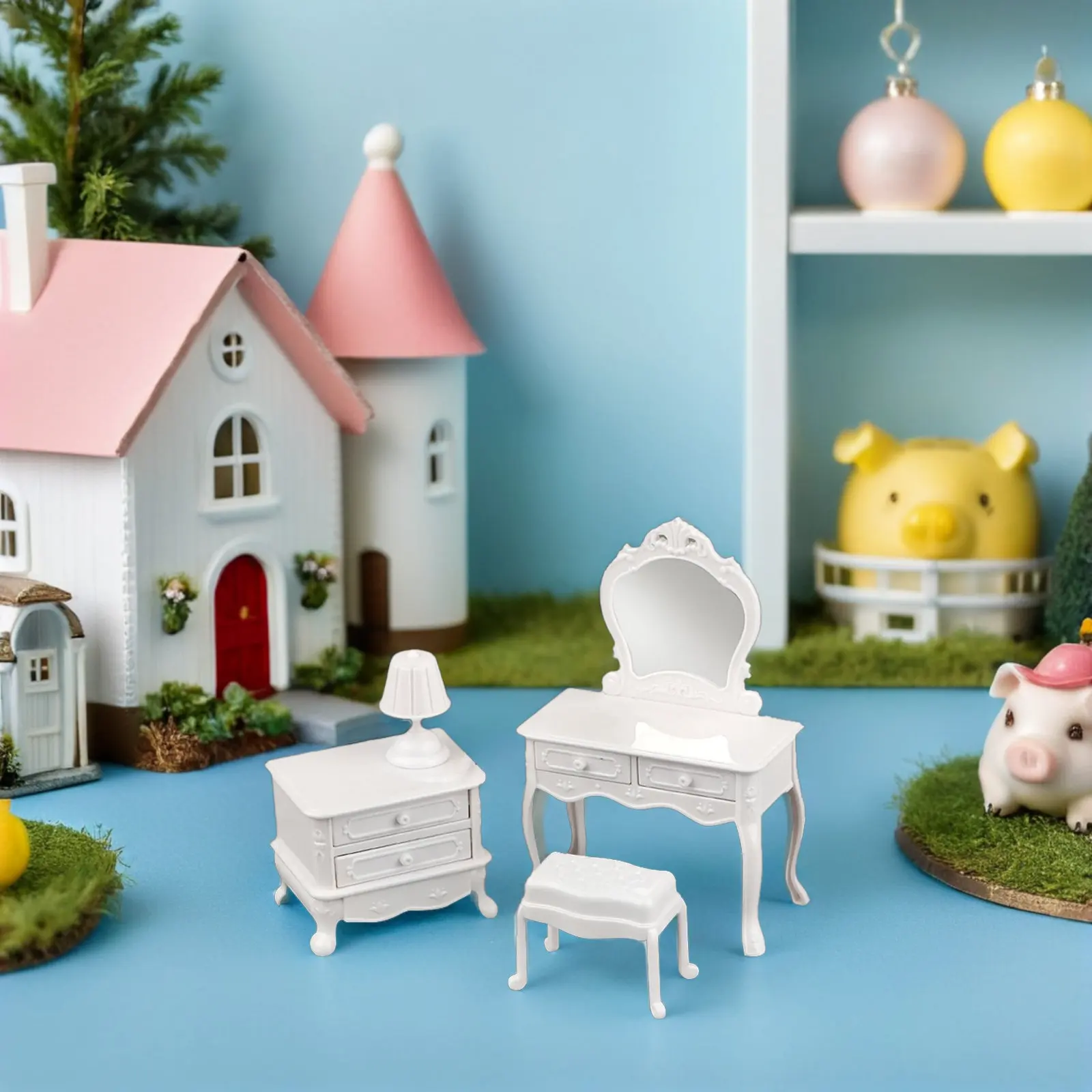 4Pcs Miniature Furniture Set Mini Dressing Table Stool Mirror Bedside Tables Enhance Dollhouse Bedroom Decor Mini Dressing Table
