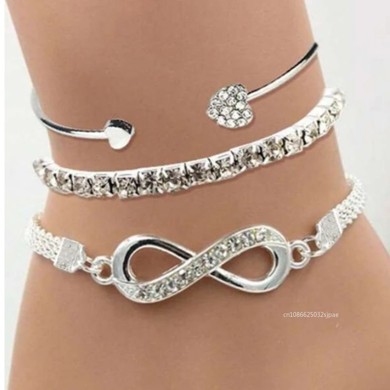 3PCS/Set Love Opening Drill Bracelet for Women Simple Crystal Zircon Lucky 8 Bracelet Fashion Thick Punk Chain Jewelry Gifts