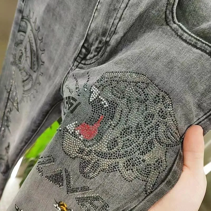 Men's Clothing Spring and Autumn high quality light gray Fashion Brand Tiger Head Hot Drilling Printed Slim Fit Handsome Jeans