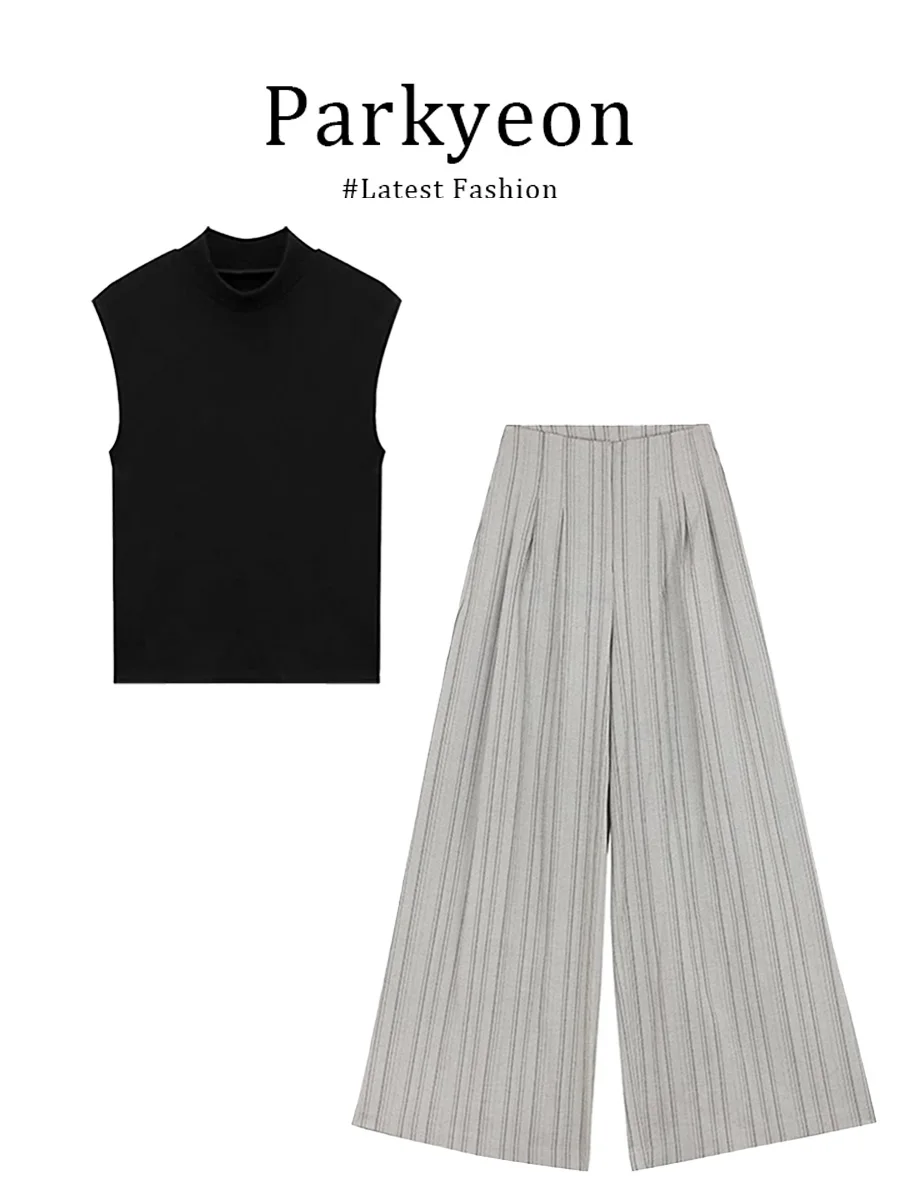 

Parkyeon American Style Spicy Girl Sleeveless Vest Top Striped High Waist Drape Casual Pants Two Piece Set Summer Fashion