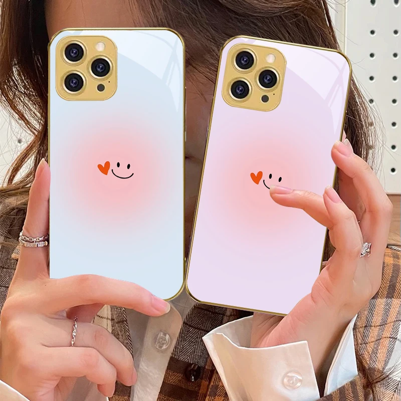 

Gradual Love Happy Face For IPhone 16 16Pro Max 15 P ro 14 13 Plus 12 Mini 11Pro Max XS Max XR Golden tempered glass phone case