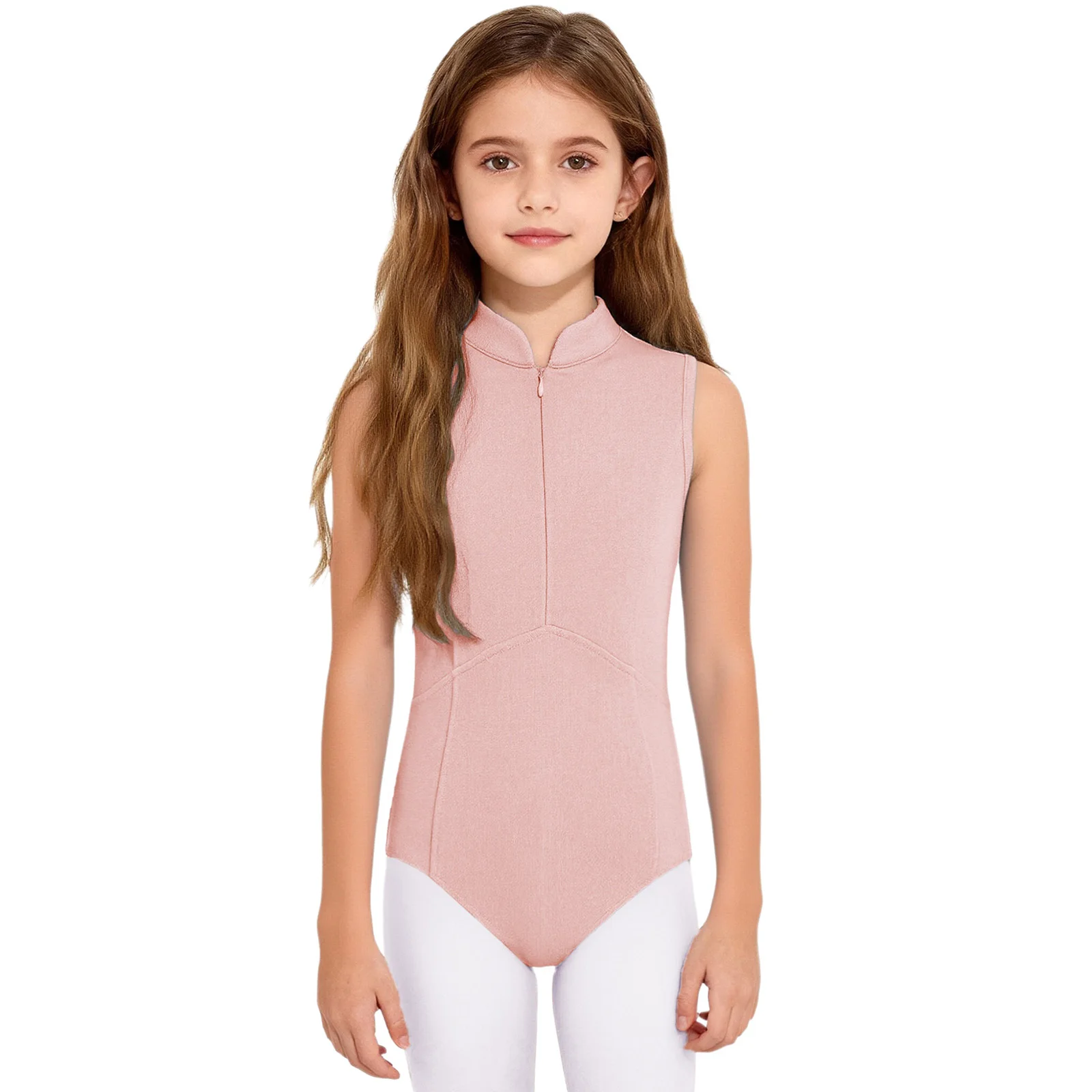Kids Girls Figure Skating Leotard Stand Collar Front Invisible Zipper Back Sheer Mesh Rhinestones Ballet Dance Leotard