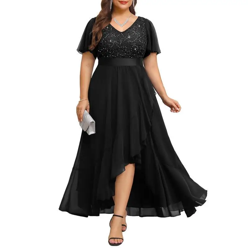

Shiny Sequin V-neck Evening Dress Women's Elegant Glittering Party Gown Long Sleeve CITYWALK Suitable for Spring Season