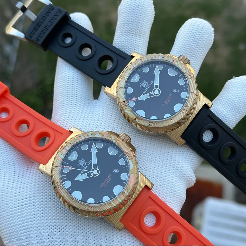 STEELDIVE Men Automatic Watch 46.5mm Bronze Timascus Mechanical Wristwatch Diver 1000ATM BGW-9 Luminous Sapphire Mirror NH35